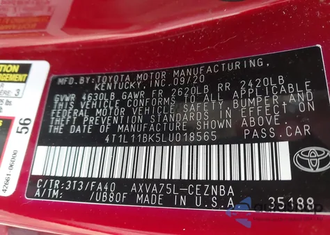 2020 Toyota Camry Le Awd z USA, uszkodzony, nr VIN 4T1L11BK5LU018565